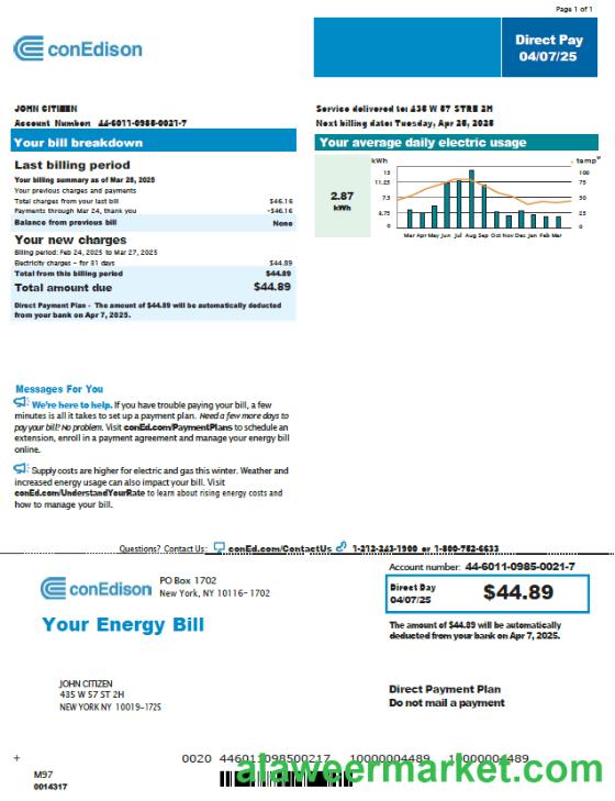USA Conedison utility bill template in Word and PDF formats, version 4